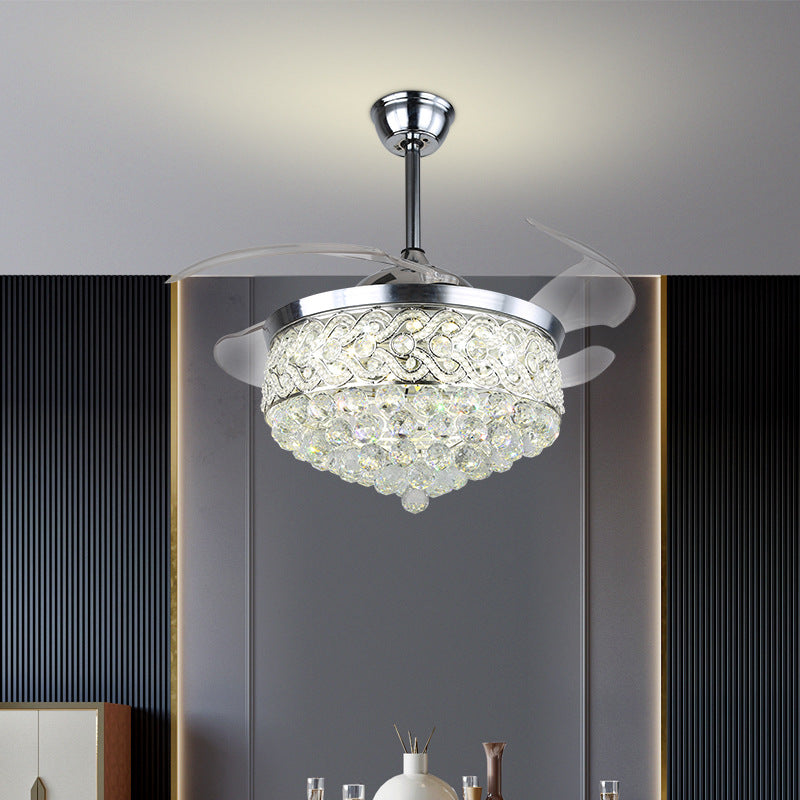 Modern Crystal Ceiling Fan with Light 42" – Invisible Blades, Silver Finish, Remote Control, 36W LED Lighting for Bedroom, Office, Dining Room
