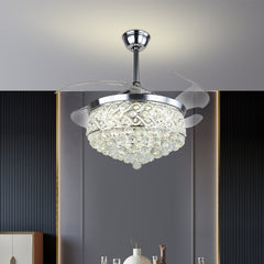 Modern Crystal Ceiling Fan with Light 42" – Invisible Blades, Silver Finish, Remote Control, 36W LED Lighting for Bedroom, Office, Dining Room