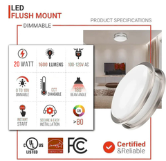 14" LED Flush Mount Ceiling Light, 20W, 1400 Lumens, 3CCT Selectable, Brushed Nickel Finish, ETL Listed