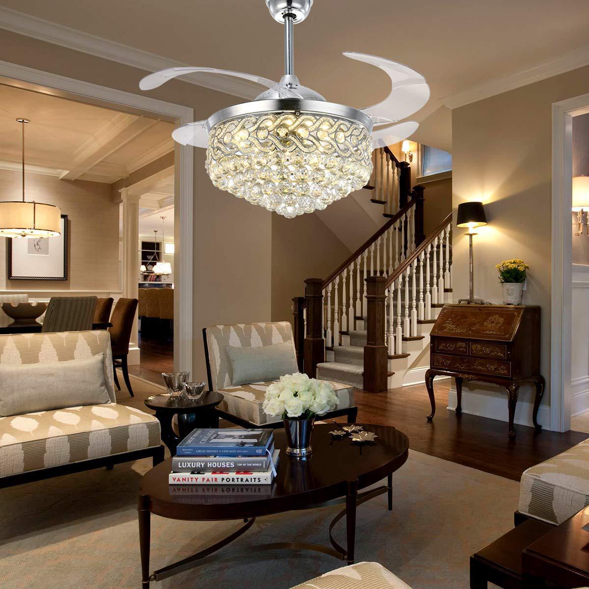 Modern Crystal Ceiling Fan with Light 42" – Invisible Blades, Silver Finish, Remote Control, 36W LED Lighting for Bedroom, Office, Dining Room