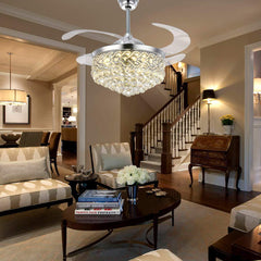 Modern Crystal Ceiling Fan with Light 42" – Invisible Blades, Silver Finish, Remote Control, 36W LED Lighting for Bedroom, Office, Dining Room
