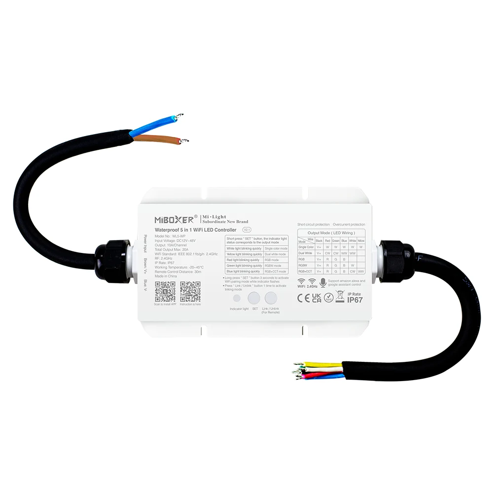 WL5-WP LED Strip Controller, Waterproof, 5-in-1 (WiFi + 2.4GHz), RGB Strip Light Control