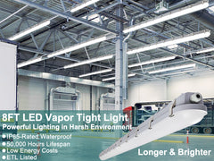 8FT LED Vapor Tight Light, Selectable Wattage & CCT, AC 120-277V, IP65 Waterproof Fixture (2 Pcs)