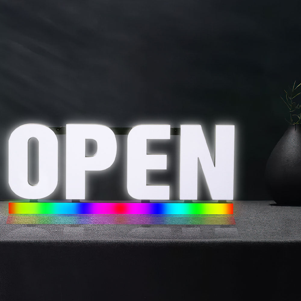 Bright White LED Open Sign with RGB Underline – 30x12? Frosted Lens, Full-Color Spectrum Display
