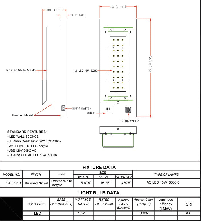 Bedside Wall Sconce for Hotel-Single 15W with power outlet Led Plus