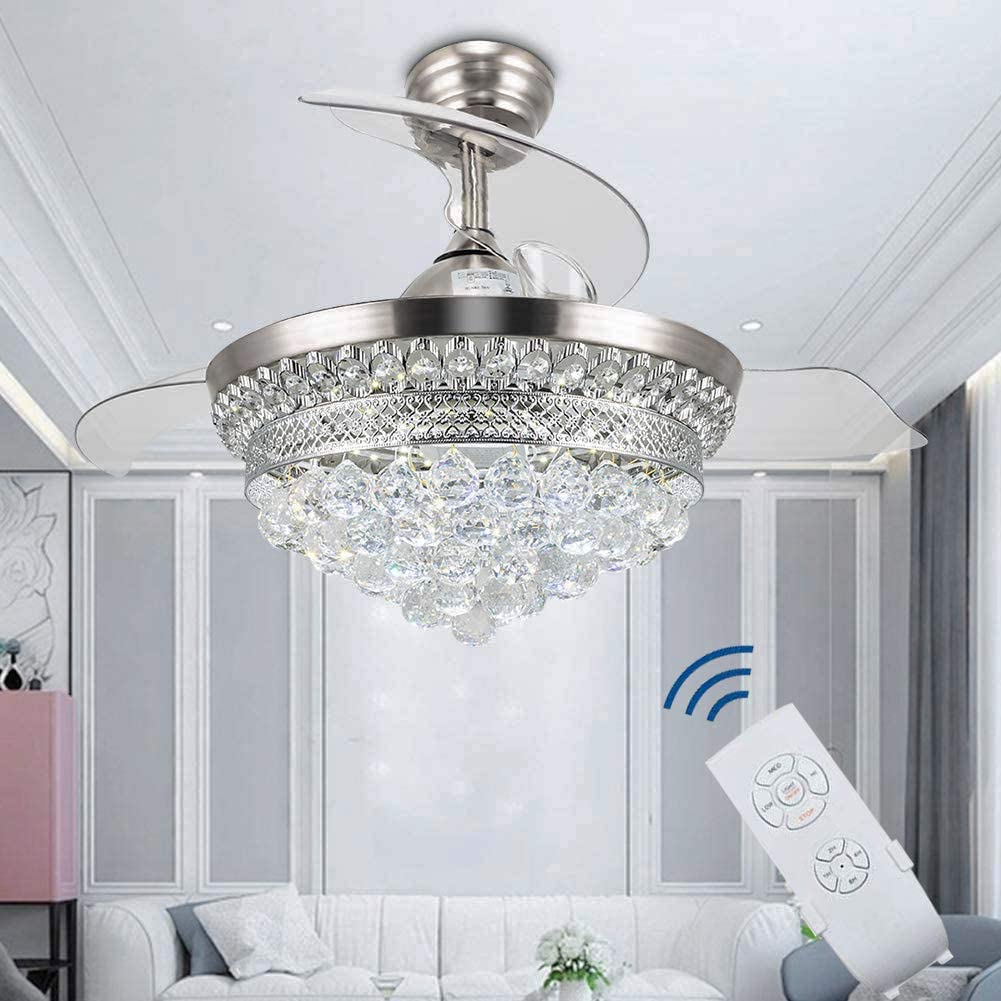 Silver Ceiling Fan with Light #1956 – 42" LED Invisible Fan, Remote Control, Retractable Blades, DC 32W Motor, 36W*2 LED, AC 110V