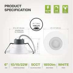 LED Recessed Commercial Downlight, 6/8 Inch, Selectable Watts, 5CCT Selectable, ETL Listed, Ceiling Light Fixture