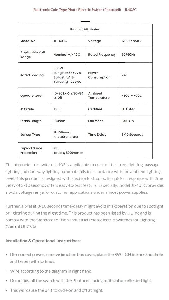 Electronic Coin-Type Photo Electric Switch (Photocell) – JL403C Superledplus