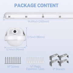 8FT LED Vapor Tight Light, Selectable Wattage & CCT, AC 120-277V, IP65 Waterproof Fixture (2 Pcs)