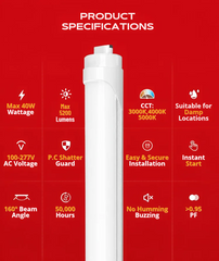 8ft 40W LED Tube - R17D Base - Frosted / Clear –Box of 20 (ETL Certified)