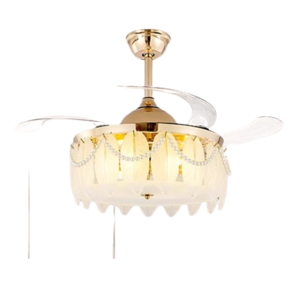 42" Crystal Ceiling Fan Chandelier – Invisible Blades, Modern LED Light with Remote, DC 30W Motor, Dual 36W LEDs, AC 110V