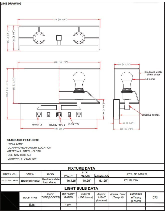 Double Wall Sconce for Double Bed-Hotel- 13W Acrylic Shade Led Plus